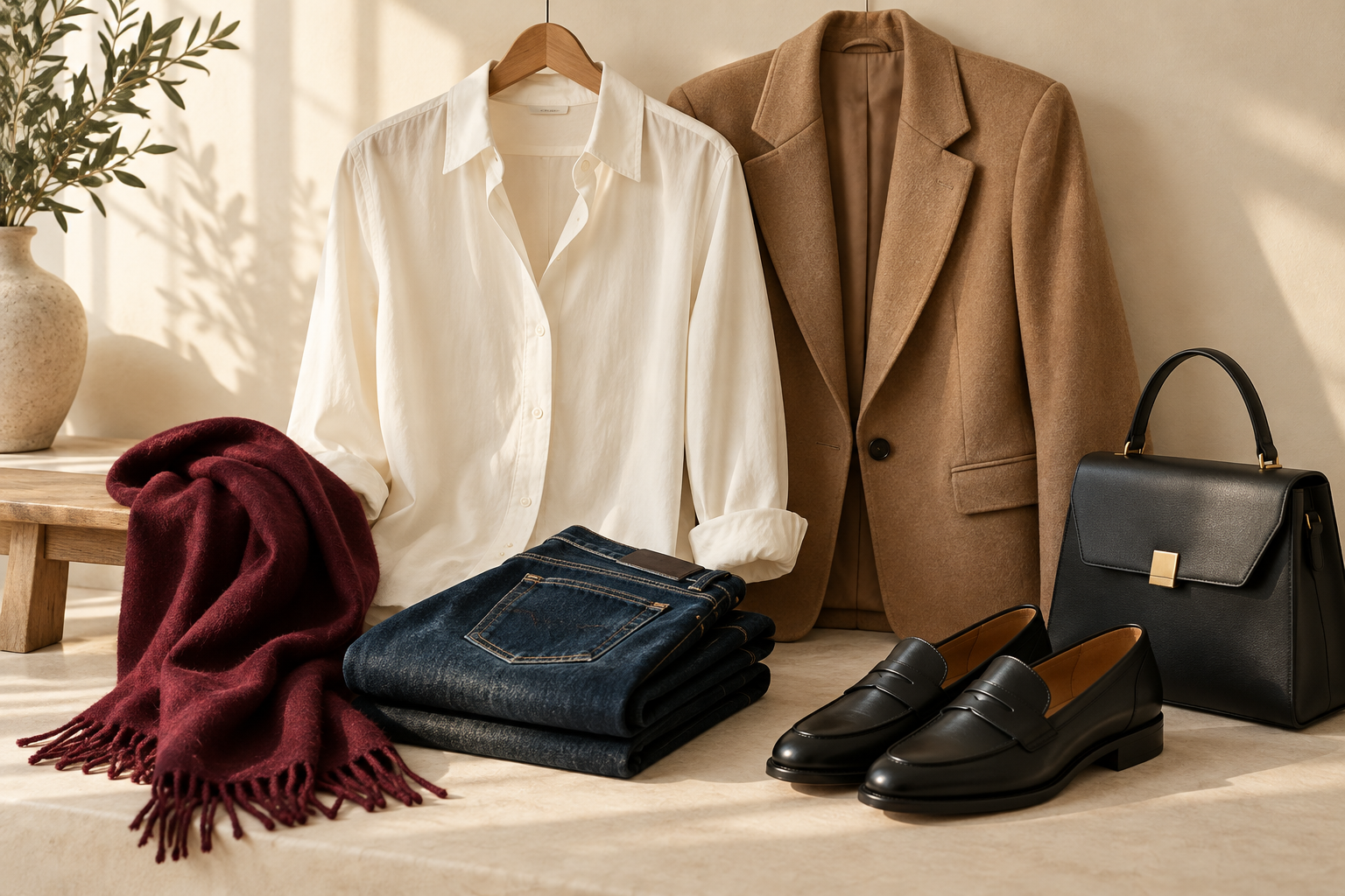 Ivory shirt, camel blazer, dark denim and burgundy accessories arranged as a capsule wardrobe